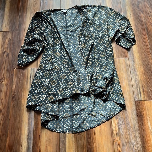 LULAROE Teal w/ Geometric Pattern LINDSAY Open Front Kimono Jacket Sz Large - Picture 1 of 2